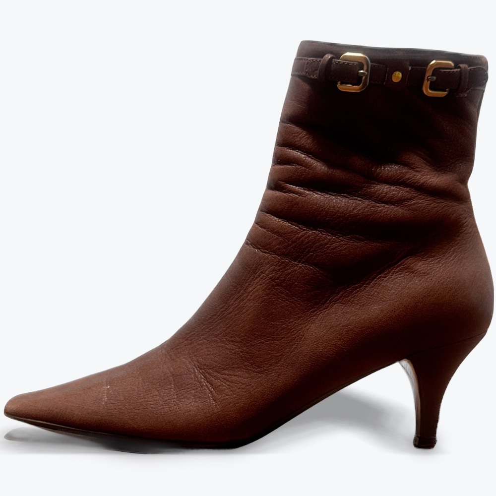 Prada Vintage Ankle Boots Y2K Brown Leather Buckle Square Pointed Chisel Toe 38